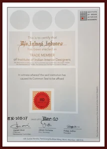 Certificate of Trade Membership awarded to an interior design firm in Mangalore by the Institute of Indian Interior Designers